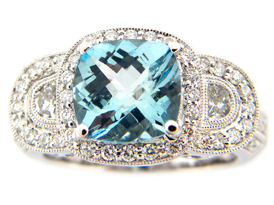 AQUA & DIAMOND RING, 18KW (E), CENTER=2.48