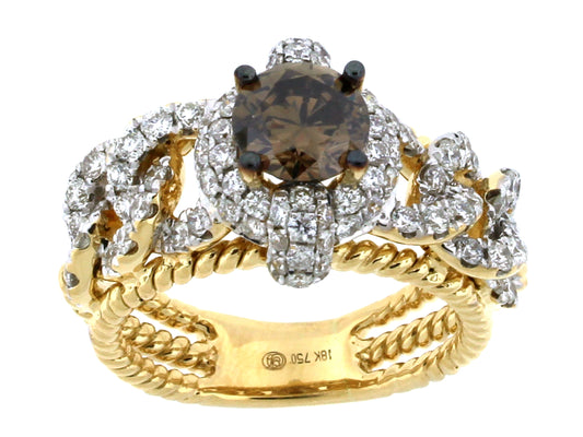 BROWN & WHITE DIAMOND RING, 18KY (N)