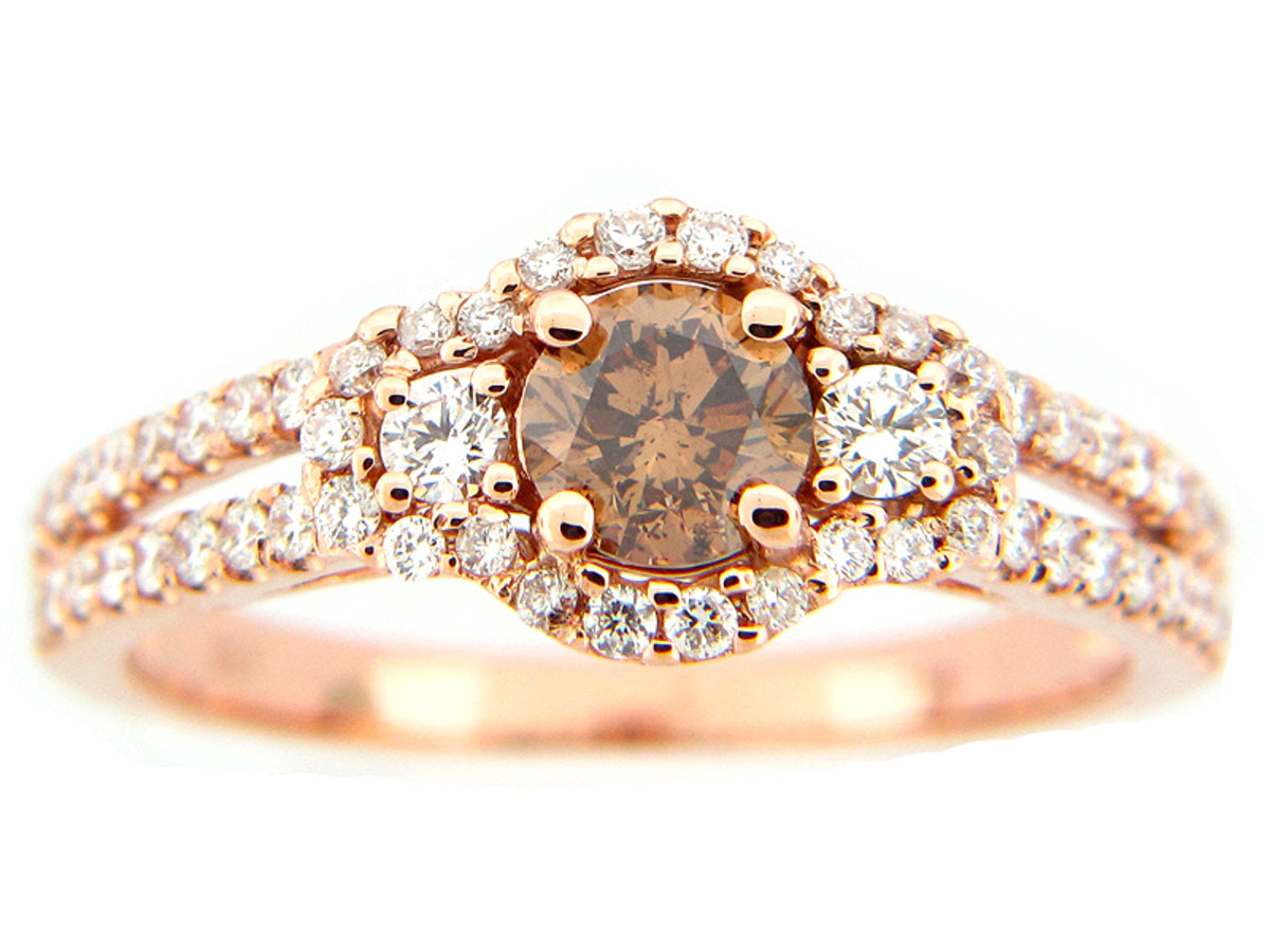 BROWN & WHITE DIAMOND RING, 18KR (N), CENTER=0.45