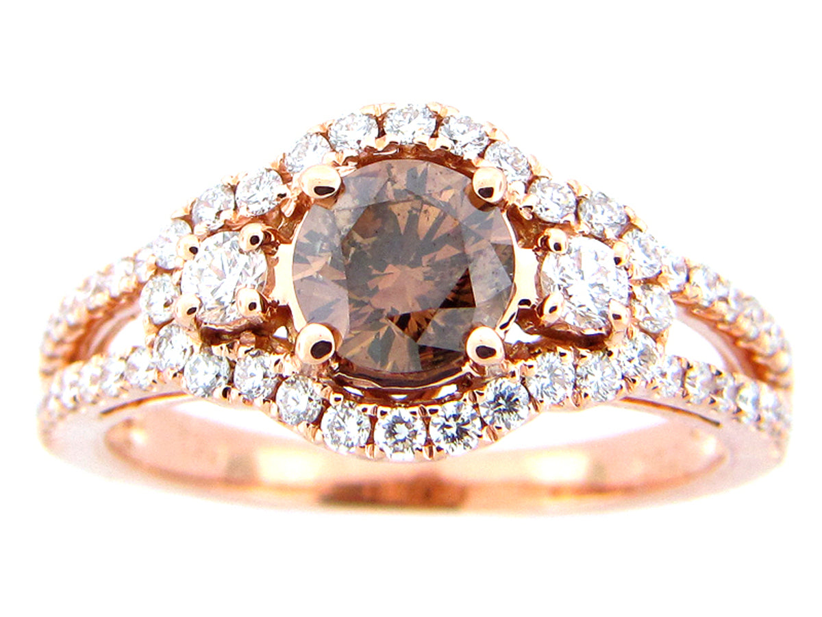 BROWN & WHITE DIAMOND RING, 18KR (N), CENTER=0.75