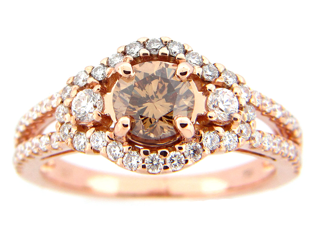 BROWN & WHITE DIAMOND RING, 18KR (N), CENTER=0.74