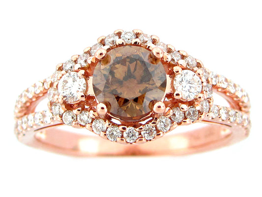 BROWN & WHITE DIAMOND RING, 18KR (N), CENTER=0.86