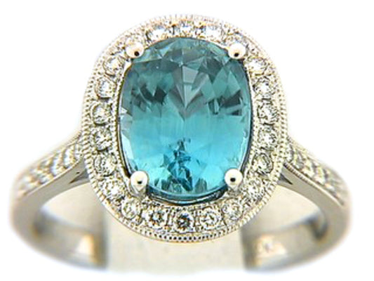 BLUE ZIRCON & DIAMOND RING, 18KW (E), CENTER=4.73