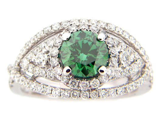 GREEN & WHITE DIAMOND RING, 18KW (R/N), CENTER=1.00