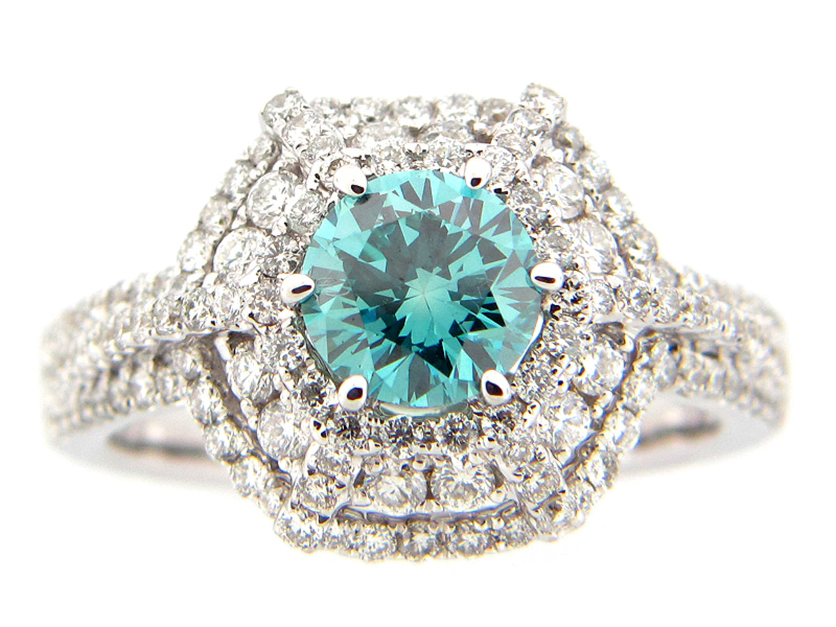 BLUE & WHITE DIAMOND RING, 18KW (R/N), CENTER=1.00