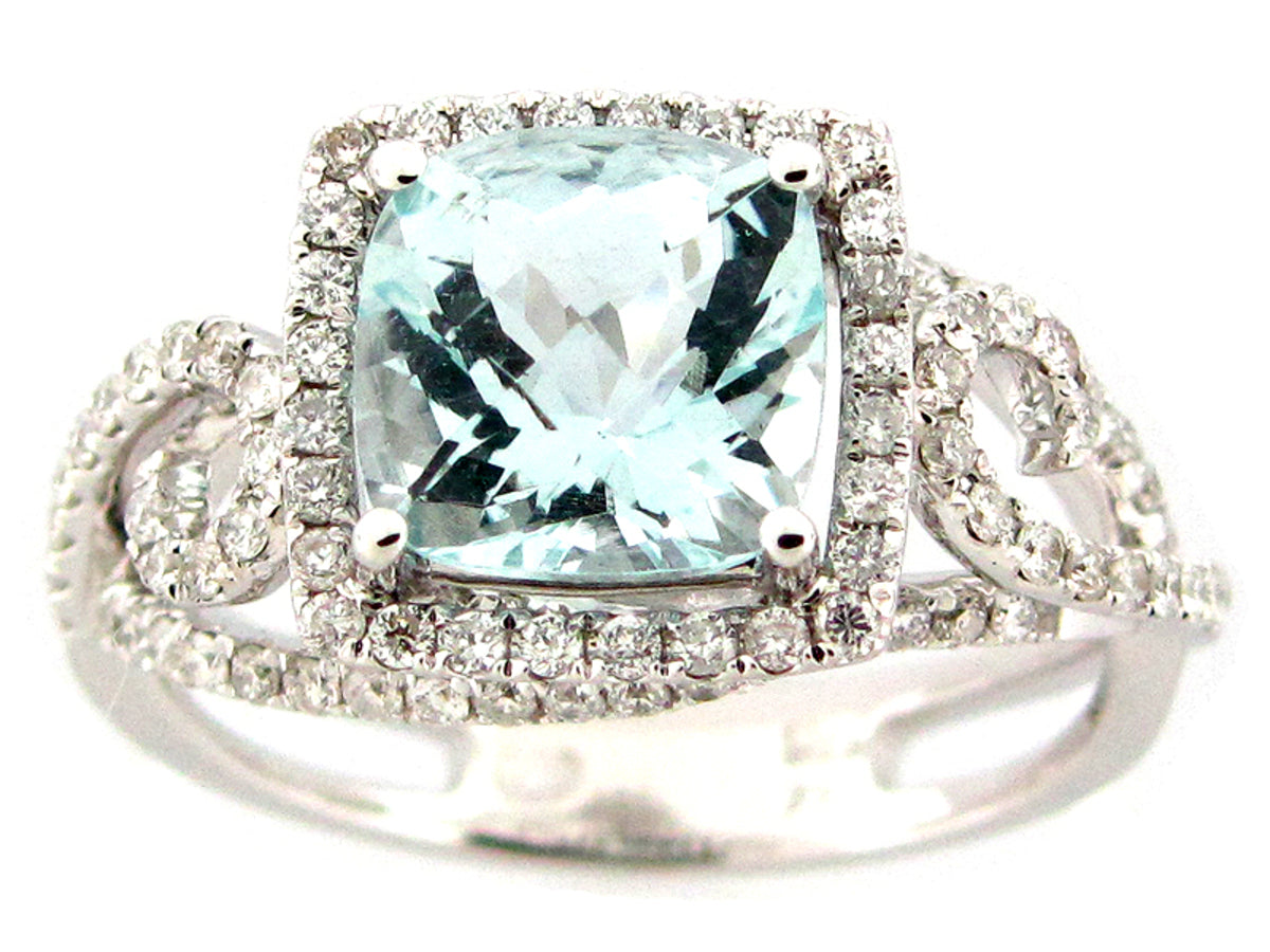 AQUAMARINE & DIAMOND RING, 14KW (H)