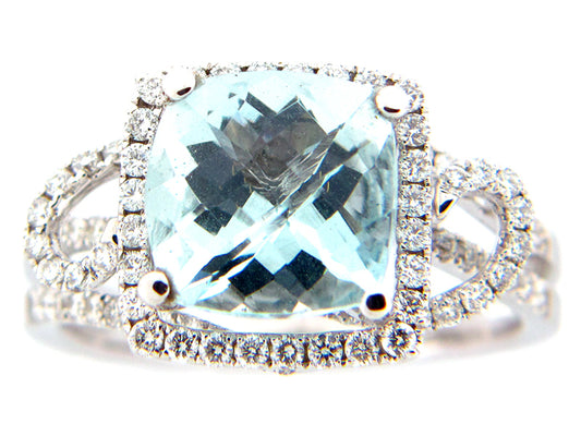 AQUAMARINE & DIAMOND RING, 18KW (E), C=2.48
