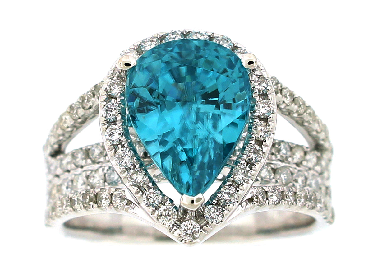 BLUE ZIRCON & DIAMOND RING, 18KW (H)