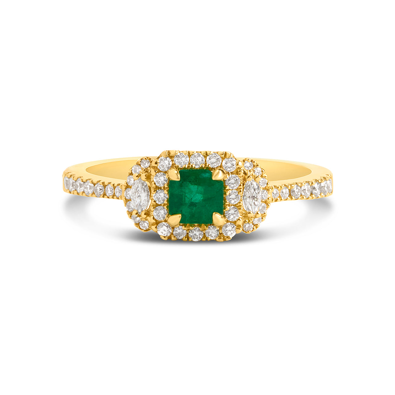 Emerald Cut Emerald & Diamond 3 Stone Ring