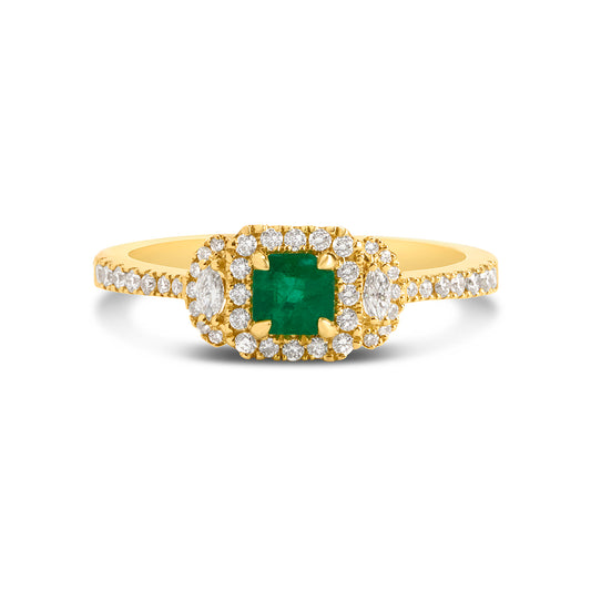 Emerald Cut Emerald & Diamond 3 Stone Ring