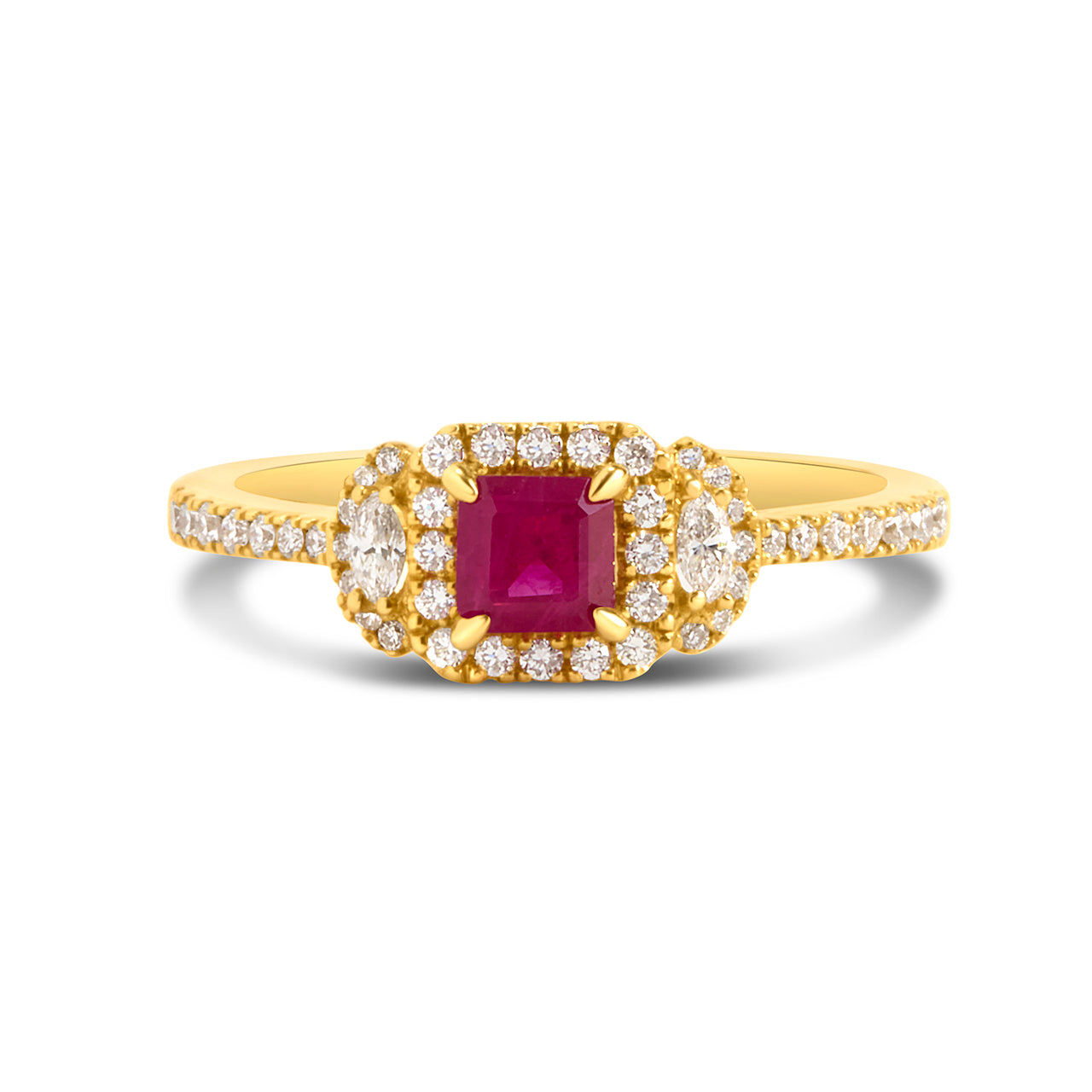 Emerald Cut Ruby & Diamond 3 Stone Ring