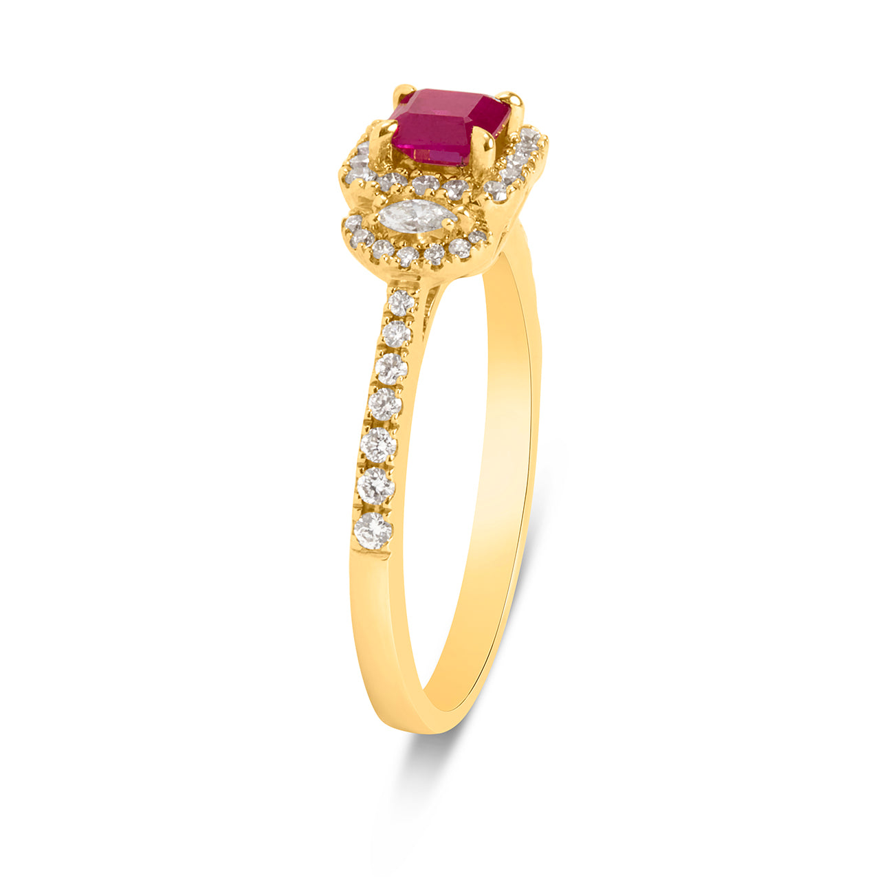 Emerald Cut Ruby & Diamond 3 Stone Ring