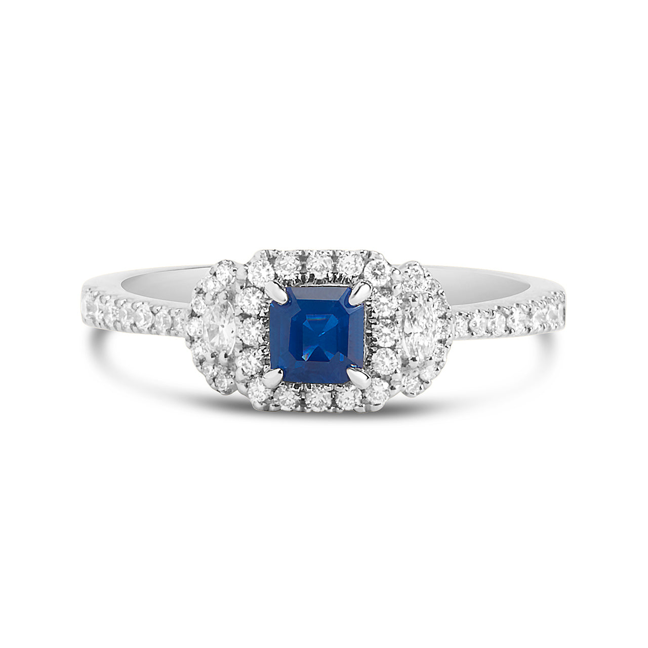 Emerald Cut Sapphire & Diamond 3 Stone Ring