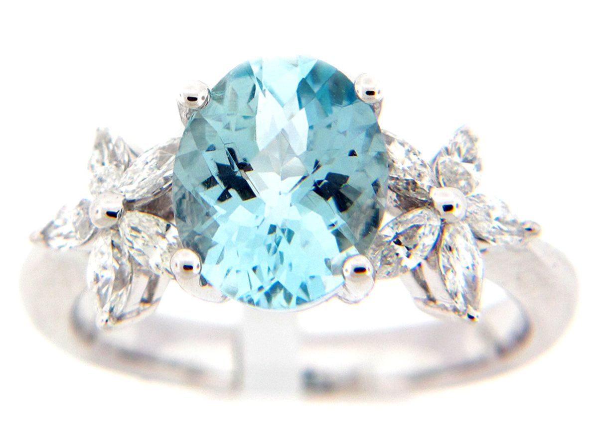 AQUAMARINE & DIAMOND RING, 18KW (E), C=2.09