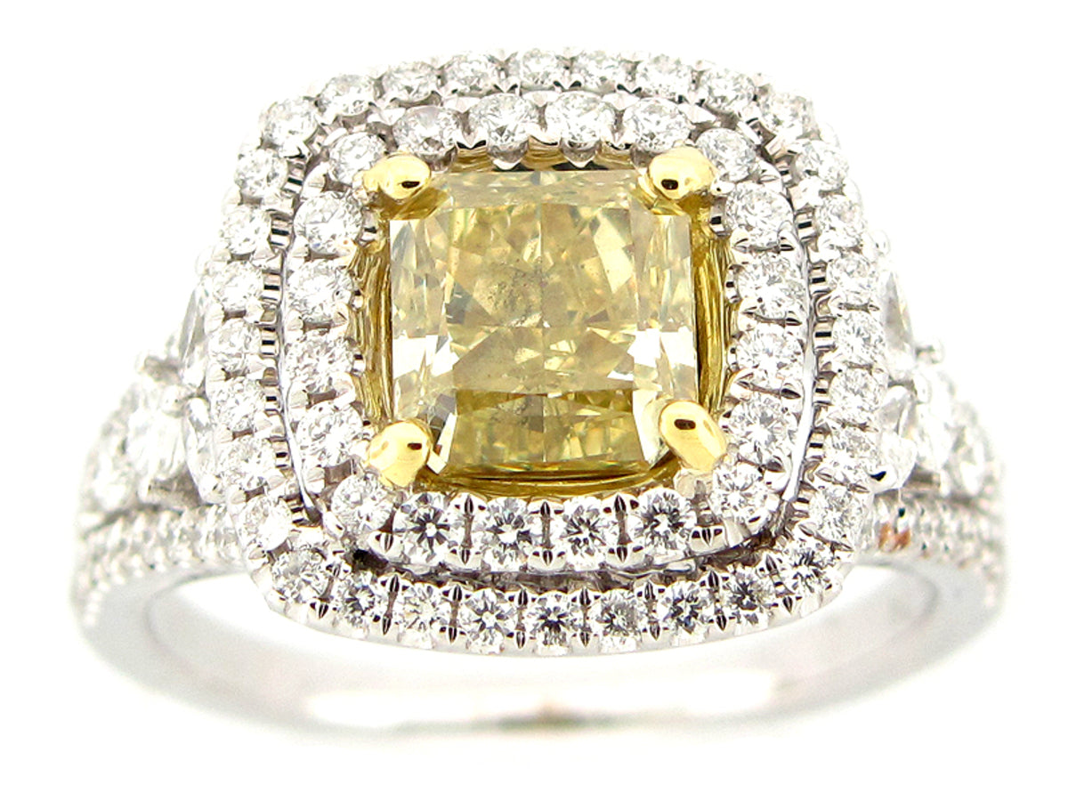 NATURAL FANCY YELLOW DIAMOND RING, GIA CERT, 18KT (N),  CENTER = 2.01