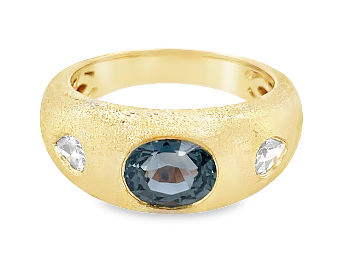 NATURAL NO HEAT GREEN SAPPHIRE OVAL & DIAMOND PEAR RING, SATIN FINISH