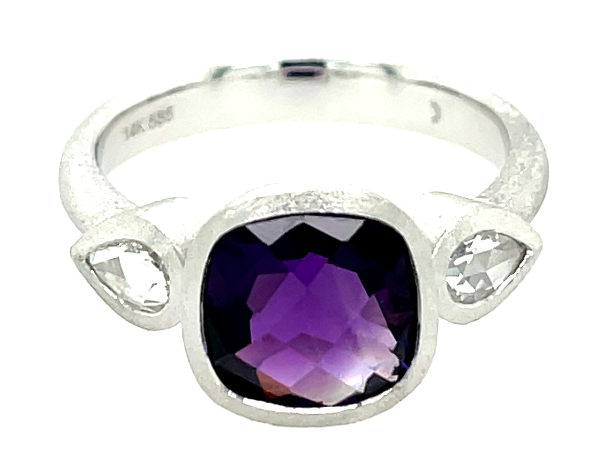 AMETHYST CUSHION & DIAMOND PEAR 3 STONE BEZEL RING, SATIN FINISH