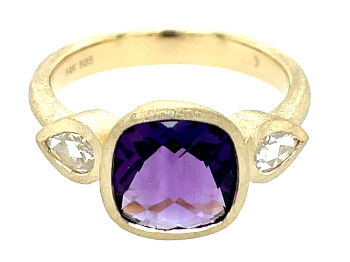 AMETHYST CUSHION & DIAMOND PEAR 3 STONE BEZEL RING, SATIN FINISH