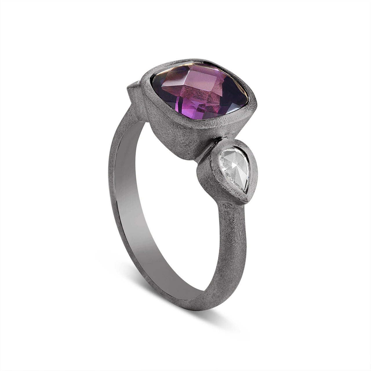 Amethyst & Diamond 3 Stone Bezel Ring