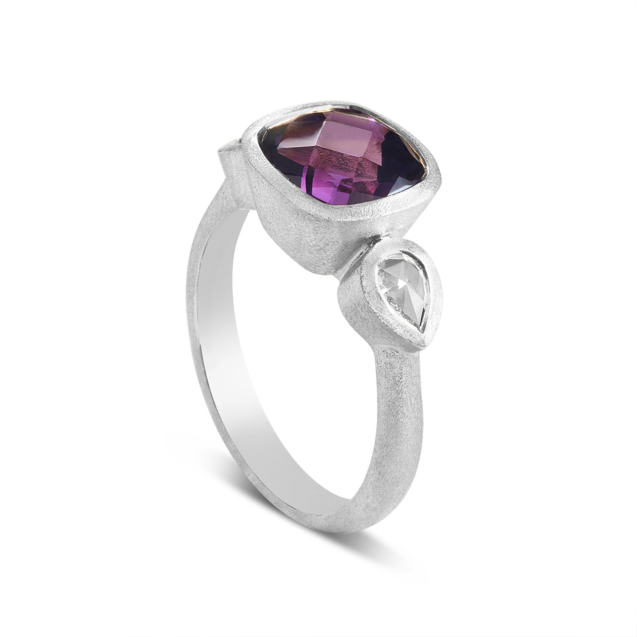 Amethyst & Diamond 3 Stone Bezel Ring