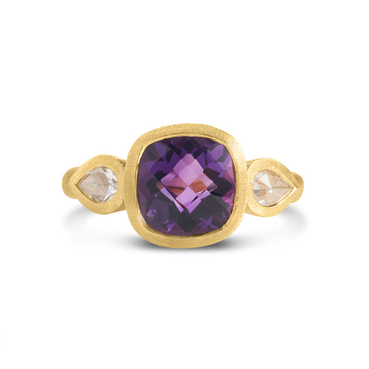 Amethyst & Diamond 3 Stone Bezel Ring