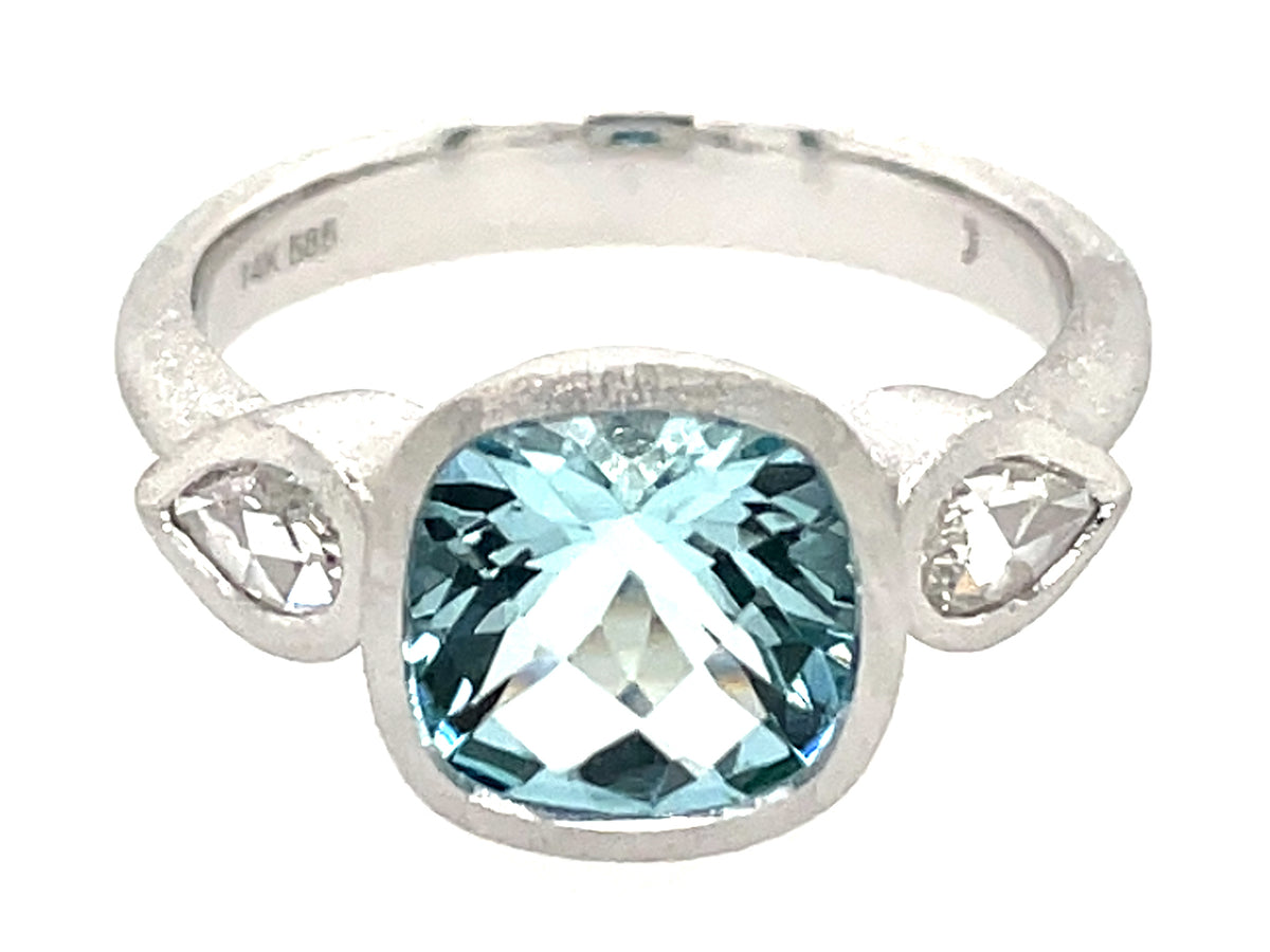 AQUAMARINE CUSHION & DIAMOND PEAR 3 STONE BEZEL RING