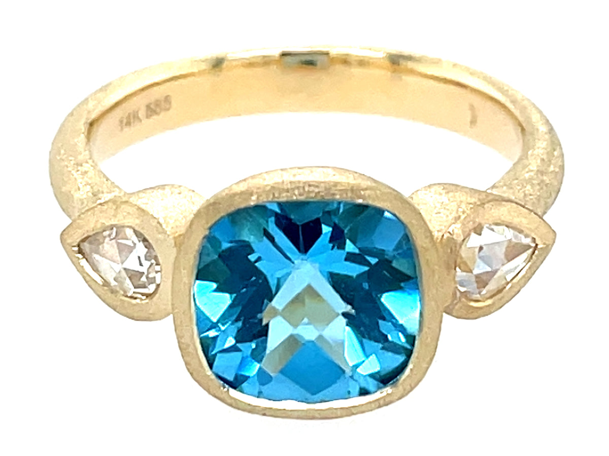 BLUE TOPAZ CUSHION & DIAMOND PEAR 3 STONE BEZEL RING, SATIN FINISH