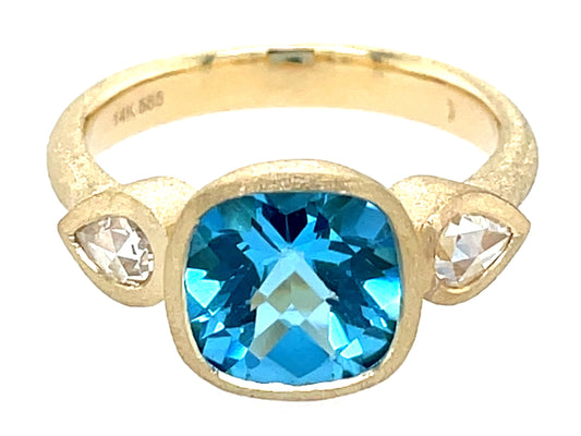 BLUE TOPAZ CUSHION & DIAMOND PEAR 3 STONE BEZEL RING, SATIN FINISH