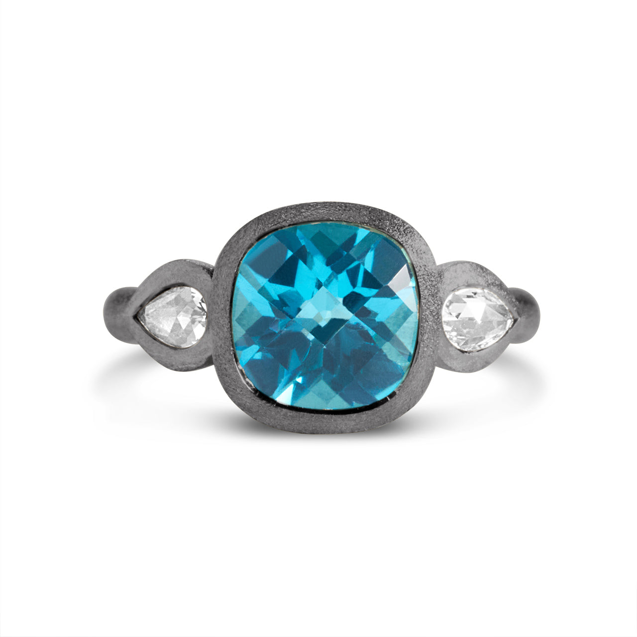 Blue Topaz & Diamond 3 Stone Bezel Ring