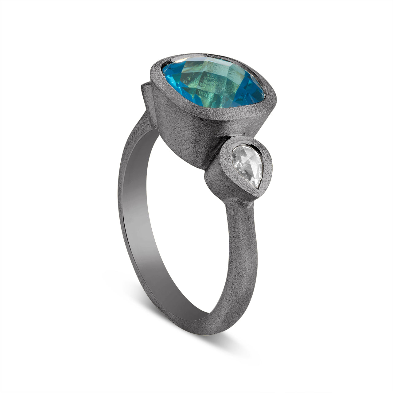 Blue Topaz & Diamond 3 Stone Bezel Ring