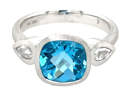 BLUE TOPAZ CUSHION & DIAMOND PEAR 3 STONE BEZEL RING, SATIN FINISH