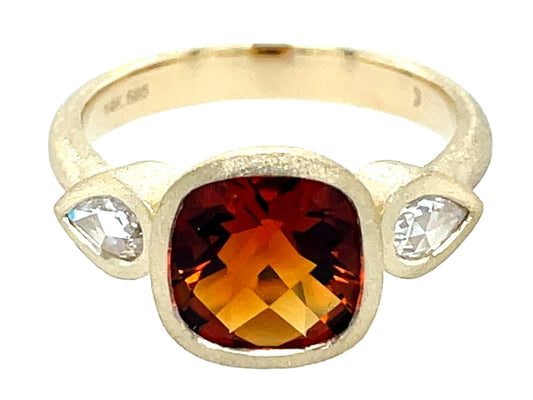 CITRINE CUSHIOIN & DIAMOND PEAR 3 STONE BEZEL RING, SATIN FINISH
