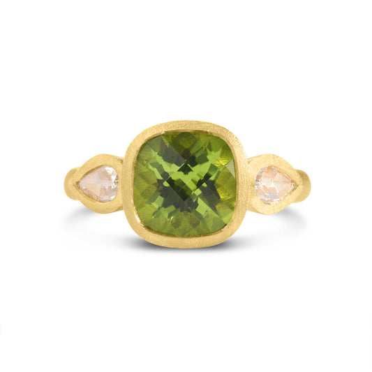 Peridot & Diamond 3 Stone Bezel Ring