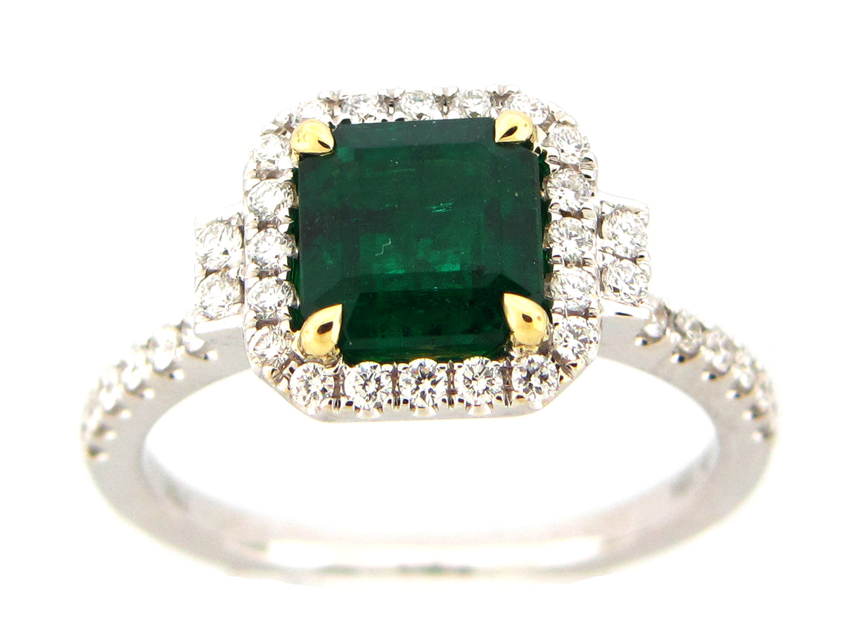 EMERALD & DIAMOND RING, 18KWY (O)