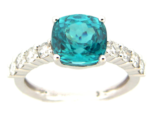 BLUE ZIRON & DIAMOND CUSHION RING, 18KW (H)