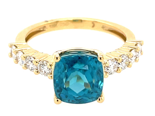 BLUE ZIRON & DIAMOND CUSHION RING