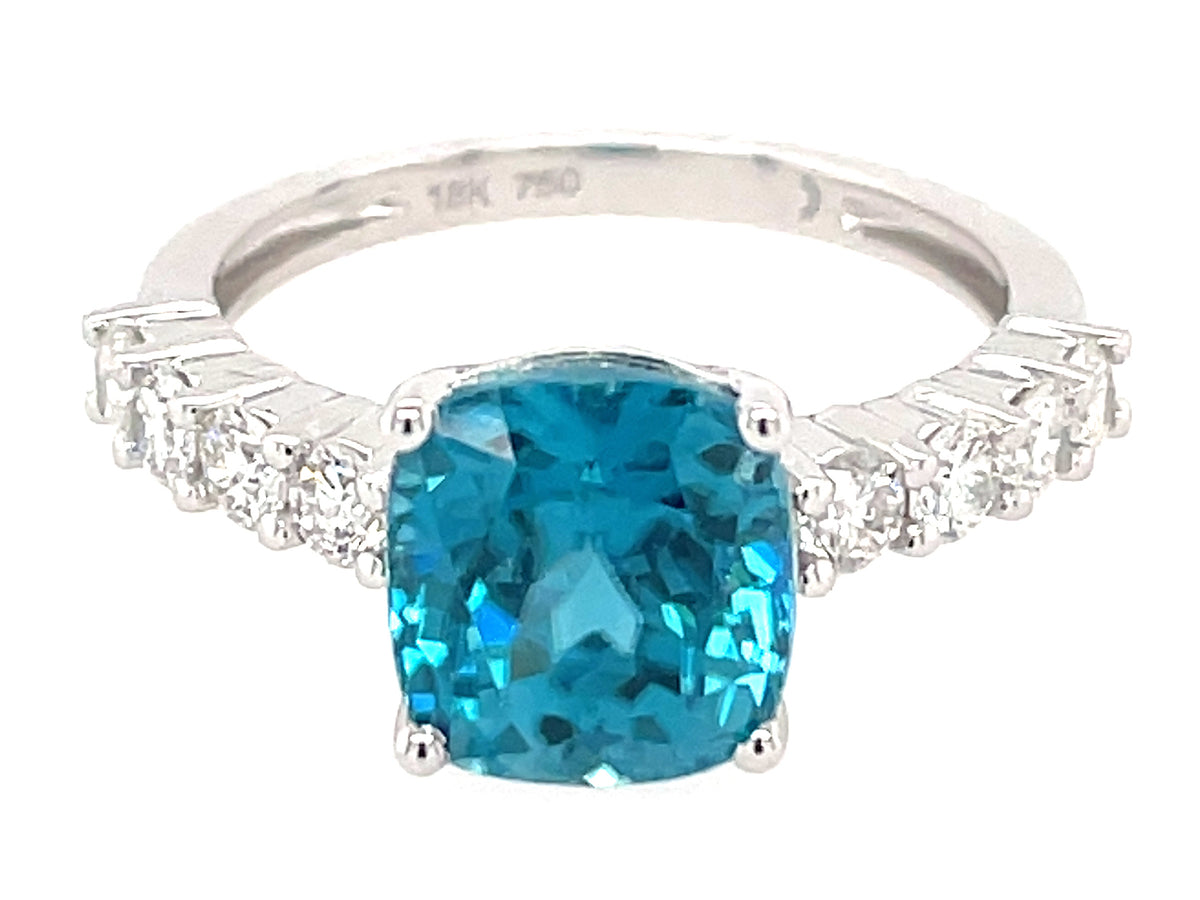 BLUE ZIRON & DIAMOND CUSHION RING