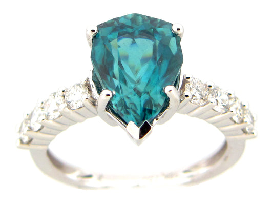 BLUE ZIRCON & DIAMOND PEAR RING, 18KW (H)
