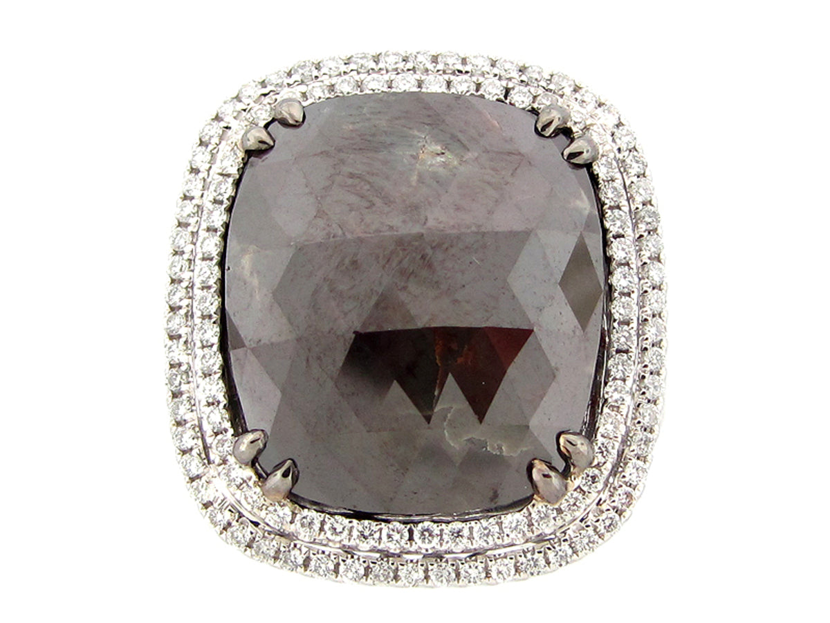 ROSE ROUGH CUT BROWNISH BLACK & WHITE DIAMOND RING, 18KW (N) CENTER=14.00