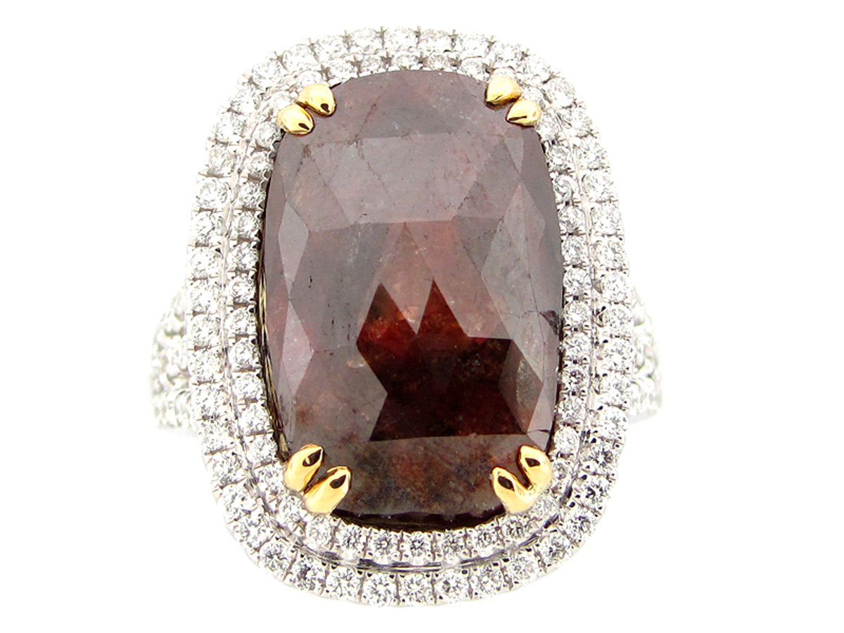 ROSE ROUGH CUT BROWN & WHTIE DIAMOND RING, 18KT (N)