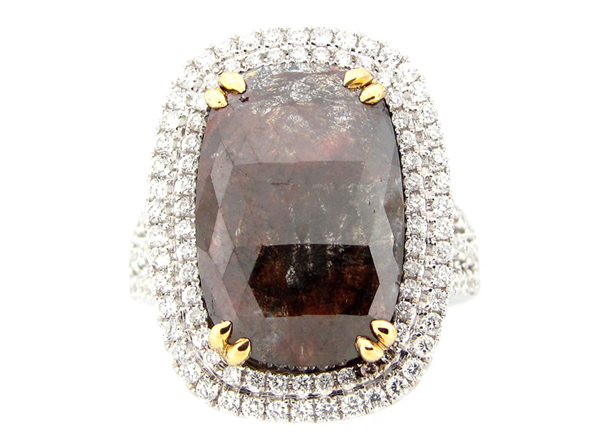 ROSE ROUGH CUT BROWN & WHITE DIAMOND RING, 18KT (N)