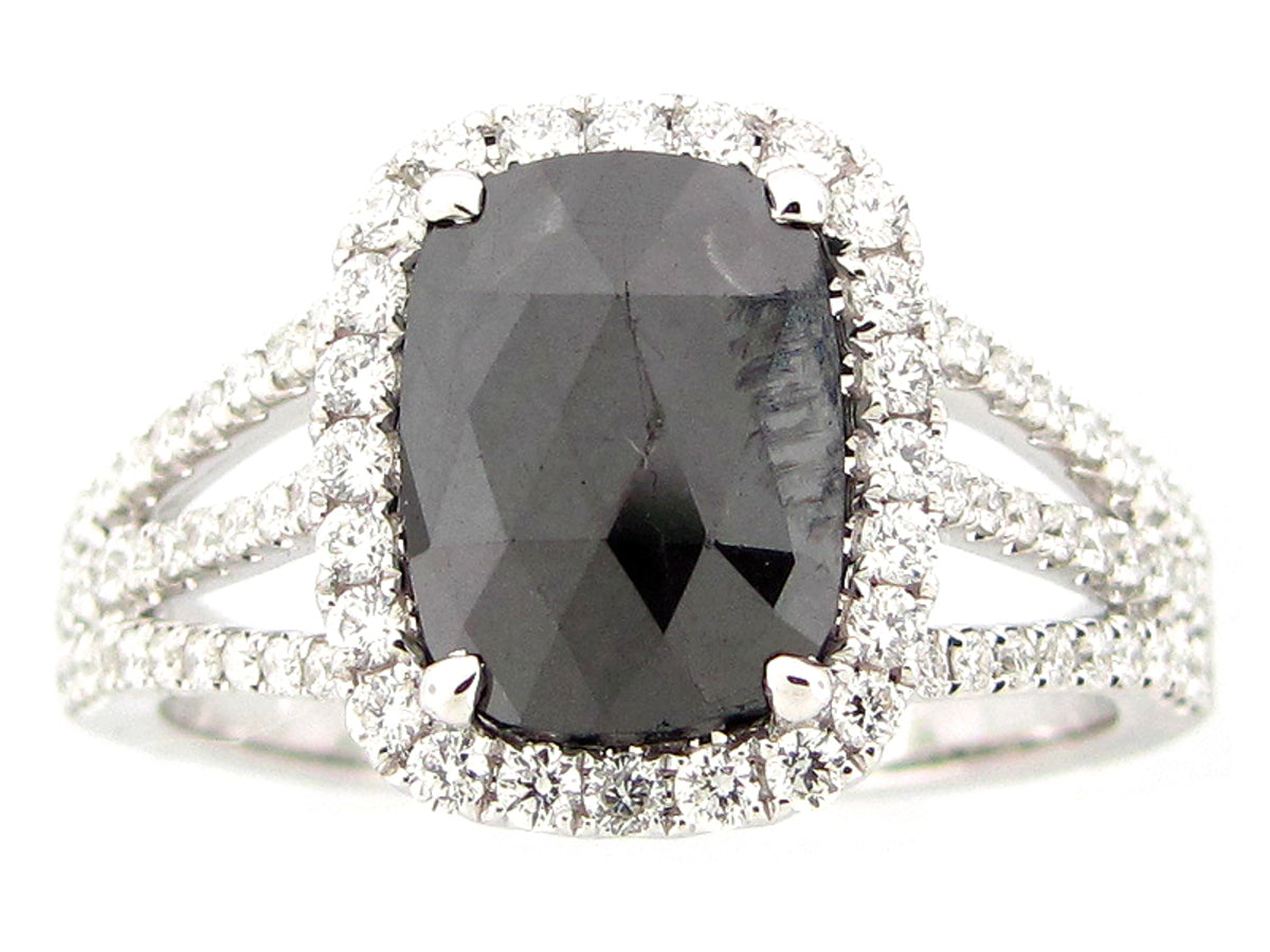 ROSE ROUGH CUT BLACK & WHITE DIAMOND RING, 18KW (R)
