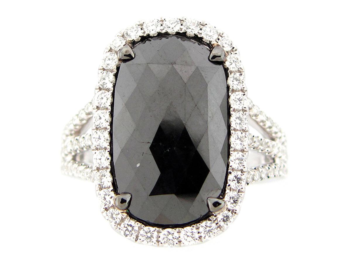 ROSE CUT BLACK &  WHITE DIAMOND RING, 18KW (R)