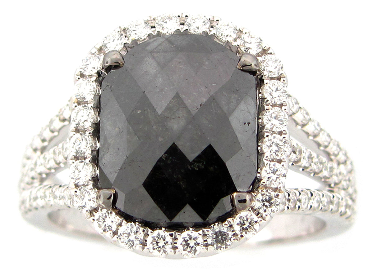 ROSE ROUGH CUT BLACK & WHITE DIAMOND RING, 18KW (R)