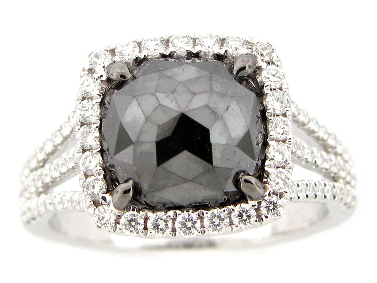 ROSE CUT BLACK & WHITE DIAMOND RING, 18KW (N)