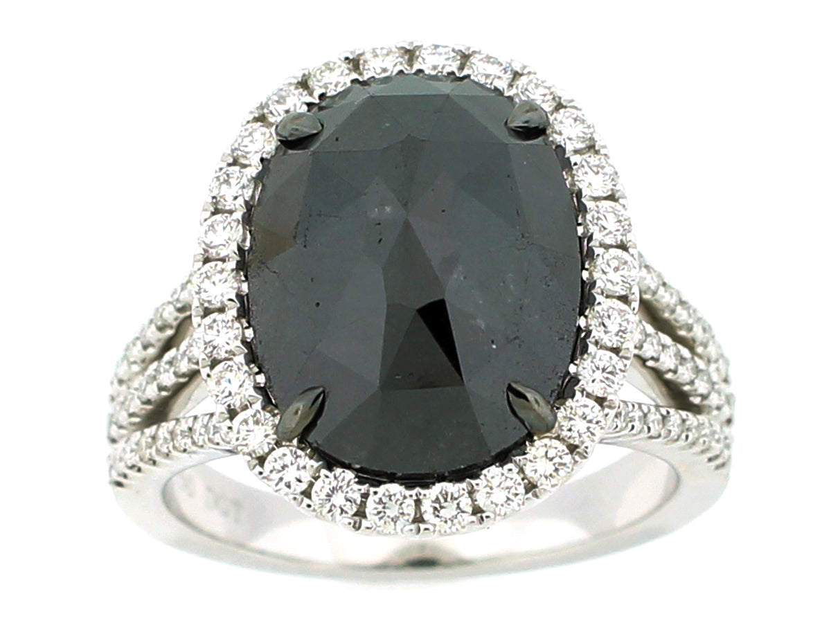 ROSE ROUGH CUT BLACK & WHITE DIAMOND RING, 18KW (N)