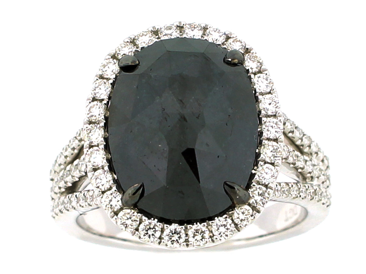 ROSE ROUGH CUT BLACK & WHITE DIAMOND RING, 18KW (N)