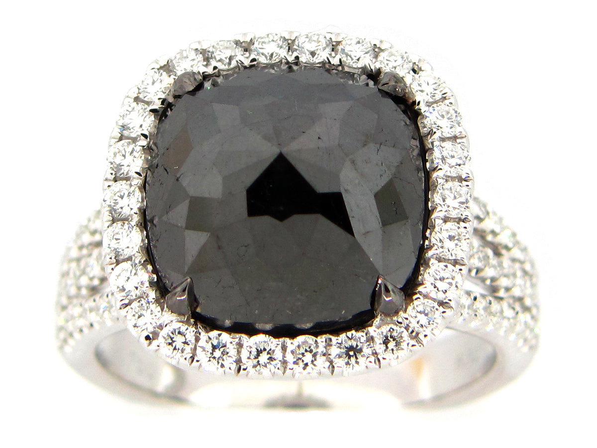 ROSE ROUGH CUT BLACK & WHITE DIAMOND RING, 18KW (N)
