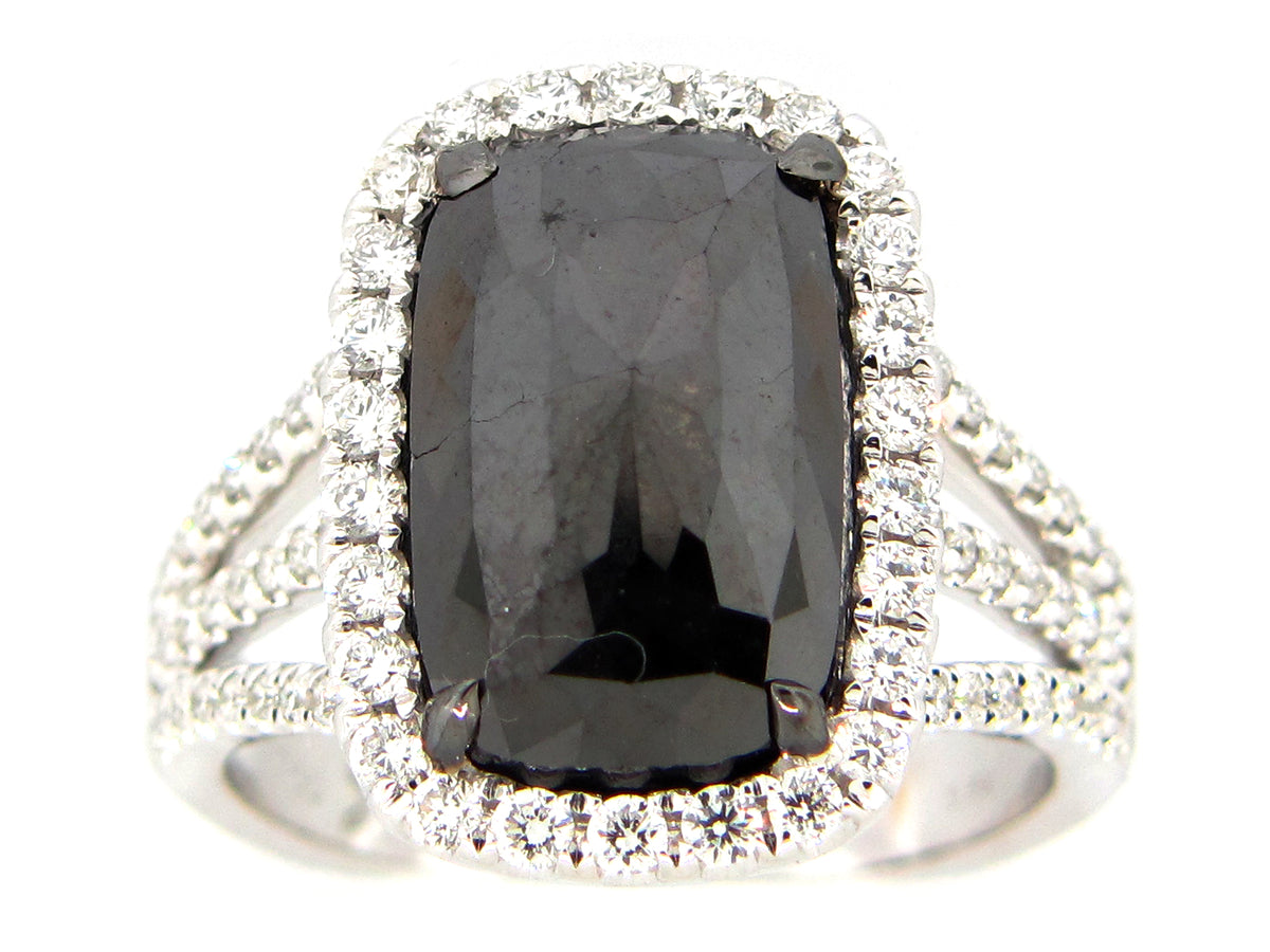ROSE ROUGH CUT BLACK & WHITE DIAMOND RING, 18KW (N)