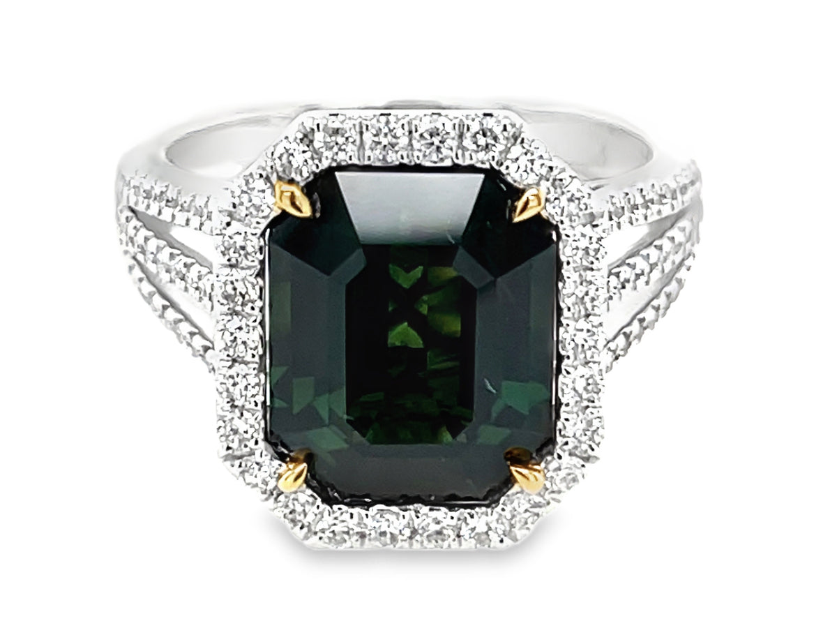 GREEN SAPPHIRE & DIAMOND HALO TRIPLE SHANK RING